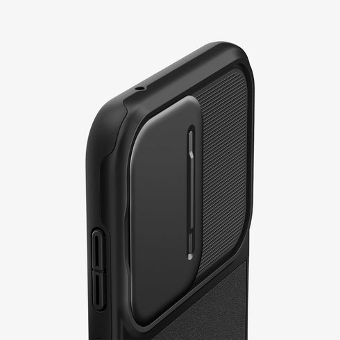 ACS05639 - Galaxy S23 Ultra Case Optik Armor in black showing the back with lens protector slot open